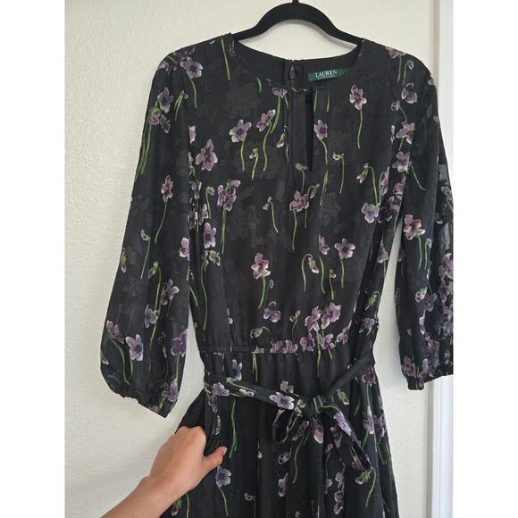 Ralph Lauren Embroidered Floral Chiffon Midi Dress Black Purple Size 4 Lined - Picture 4 of 14
